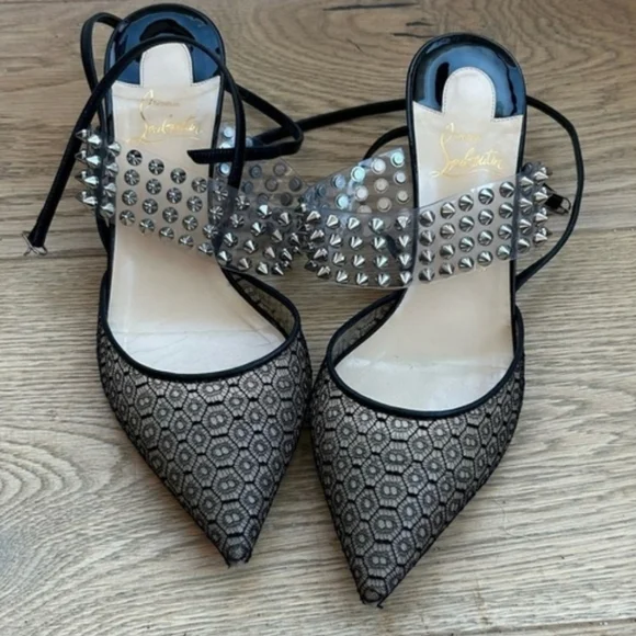 CL🖤Black Lace, Leather and Spiked PVC Levita Rete Pumps - Picture 6 of 8